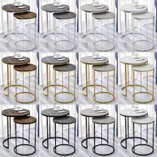 2Pc Round Nesting Stackable Sofa Side Bedside End Table Set Wood Top Metal Legs | Multi | White Ash Top with Chrome Legs