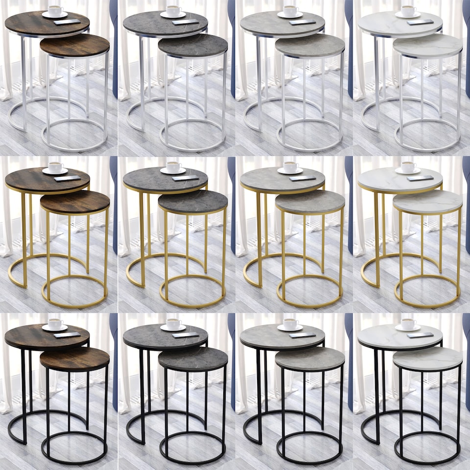 2Pc Round Nesting Stackable Sofa Side Bedside End Table Set Wood Top Metal Legs | Multi | White Ash Top with Chrome Legs