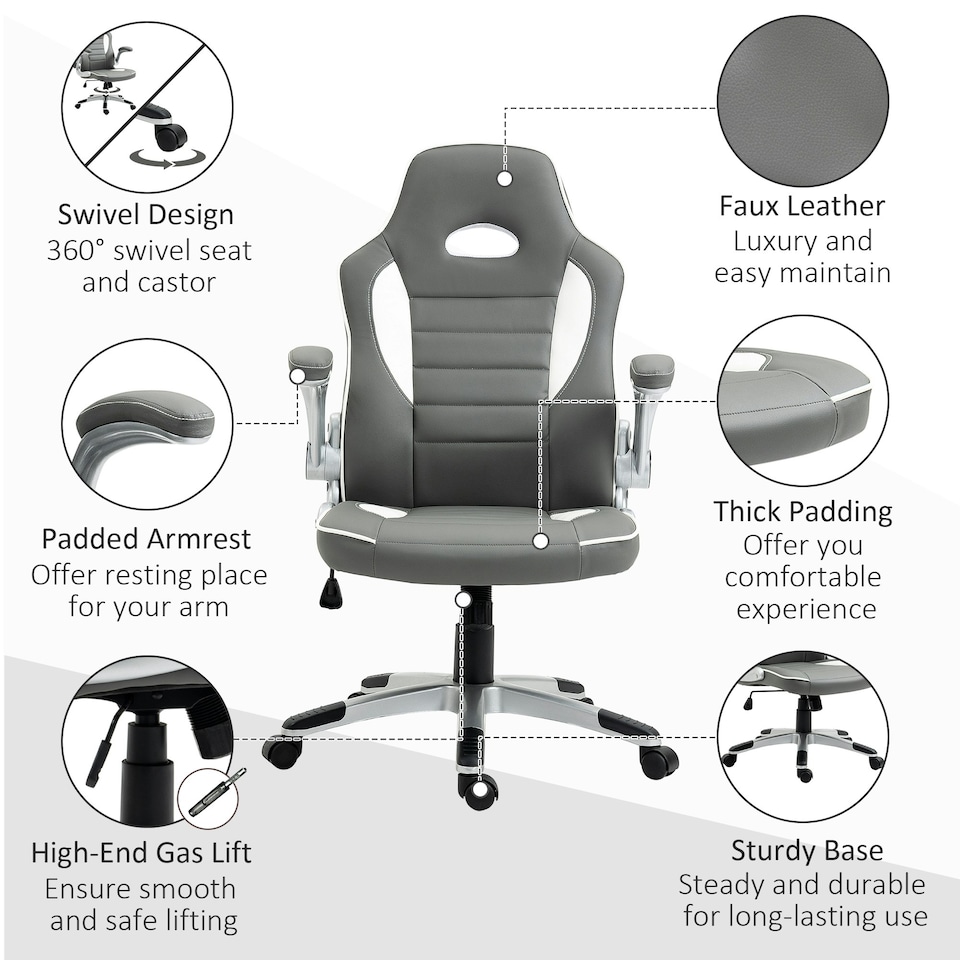 image 1 of Vinsetto Gaming Chair PU Leather Office Chair Swivel Chair Grey