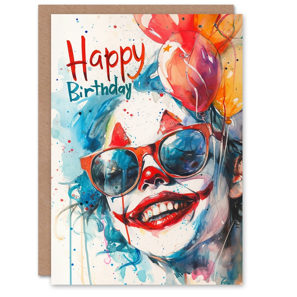 image 1 of Clown Balloons Sunglasses Watercolour Kids Child Kids Birthday Card