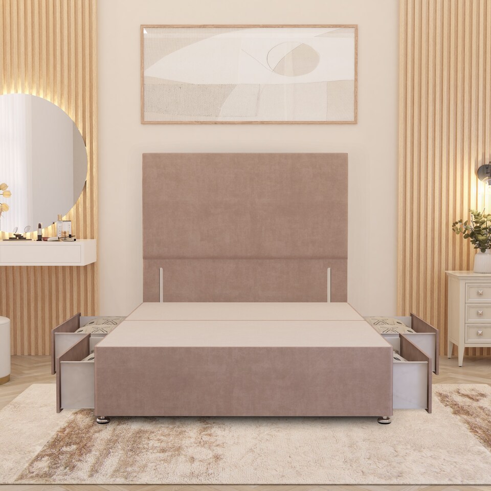 image 1 of Divan Bed Base with 4 Drawers & Plain Floor Standing Headboard Plush Velvet | Pink | Pink