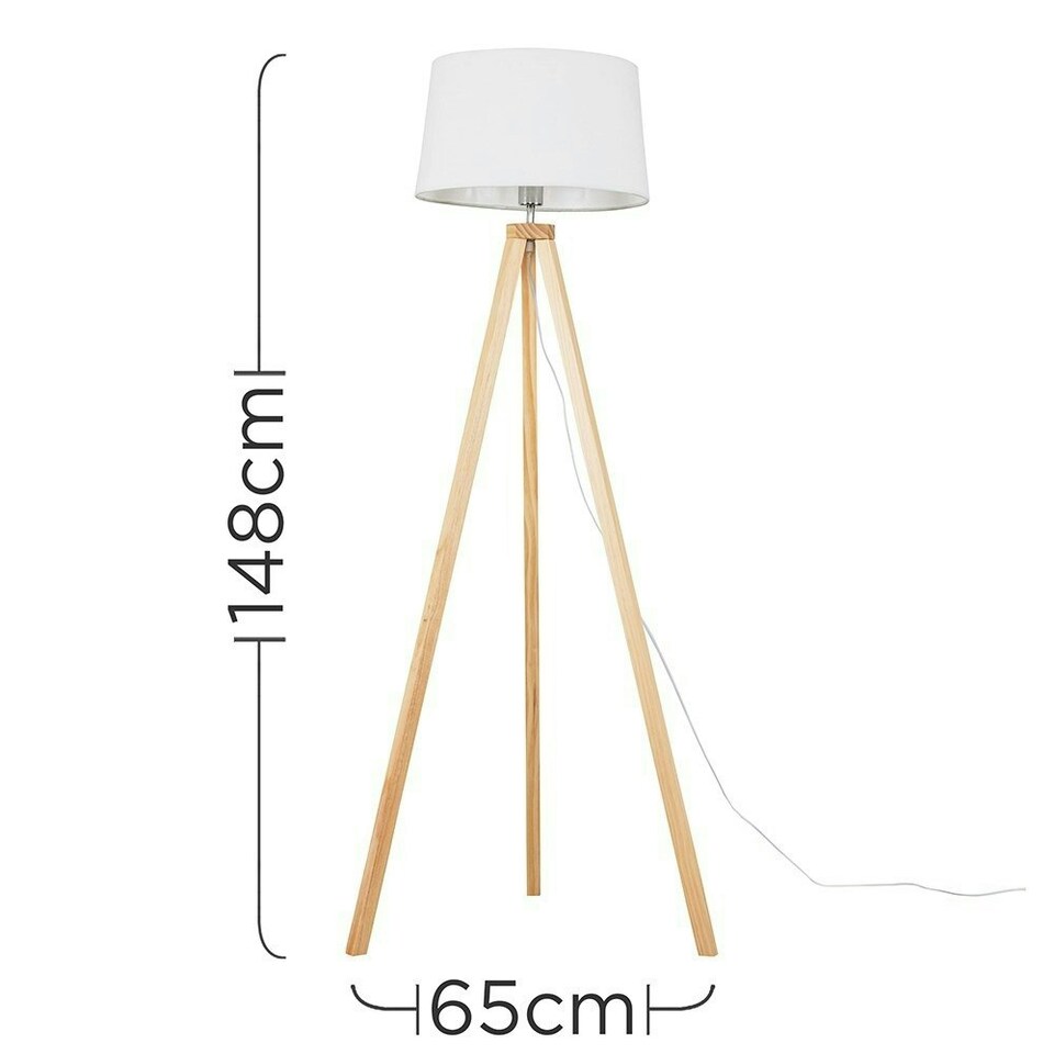 image 1 of ValueLights Barbro Wood Tripod Floor Lamp White Doretta Shade & Bulb White