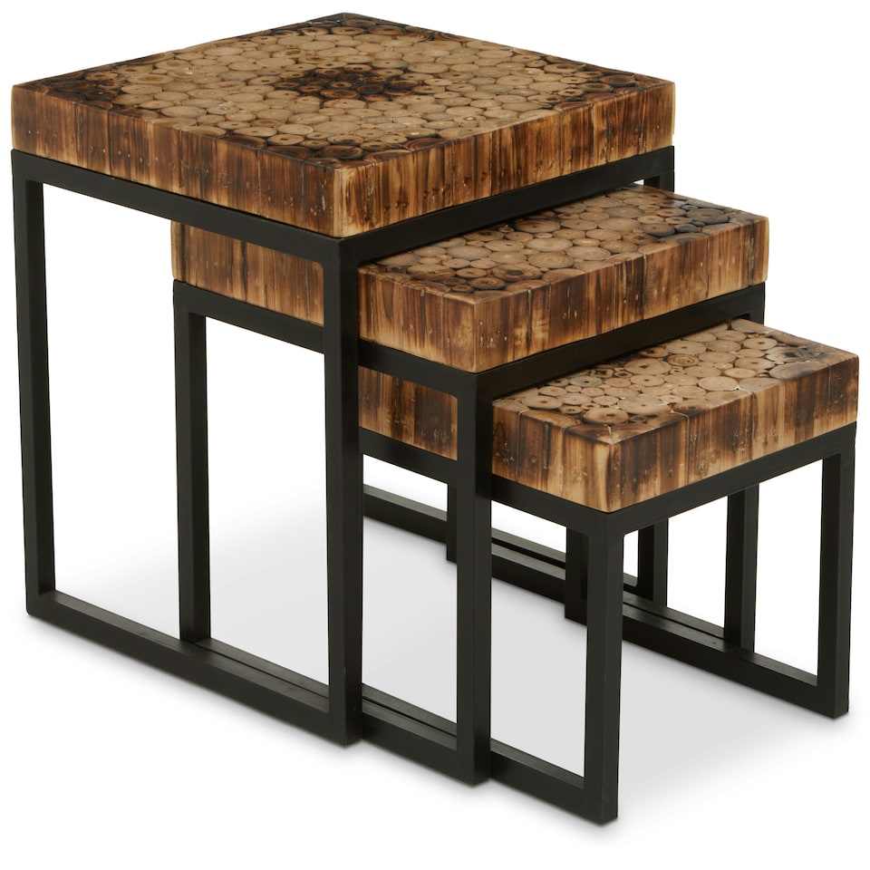 image 1 of Interiors by Premier Set of 3 Nested Wooden Tables, Wood Oval Tops with Sculptural Gold‑Finish Metal Legs, Occasional Tables Brown