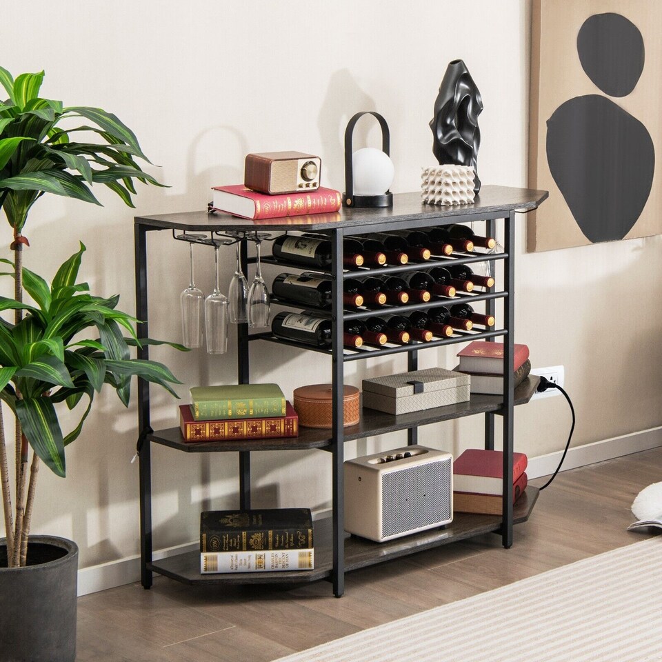 Wine Bar Cabinet 3 Tier Industrial Wine Rack w/Storage Shelves Glass ...