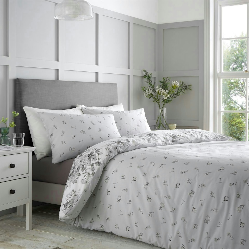 image 1 of Catherine Lansfield Elinda Floral Grey Duvet Cover Set Grey | Single