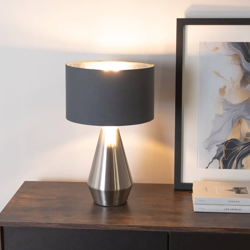 image 1 of ValueLights Jax Brushed Chrome Touch Table Lamp Charcoal Chrome Shade