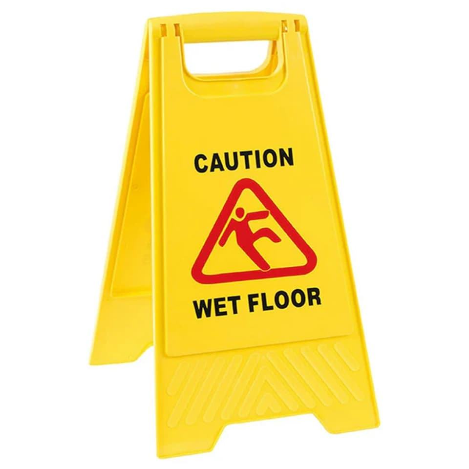 image 1 of 2 x Double sided Bright Yellow Plastic Wet Floor Cleaning In Progress 'A' Sign For Slippery Floors/Washrooms & Public Areas