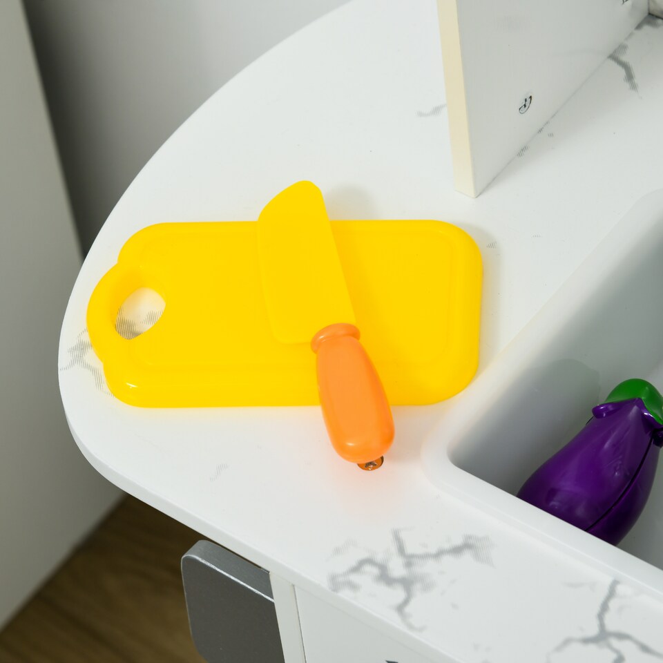 image 1 of AIYAPLAY Wooden Play Kitchen Kids Toy Kitchen Playset Role Playing Game with Lights, Sounds, Apron and Chef Hat, Ice Maker, Microwave, Range Hood, Utensils, Cuttable Food, for Ages 3-6 Years - White