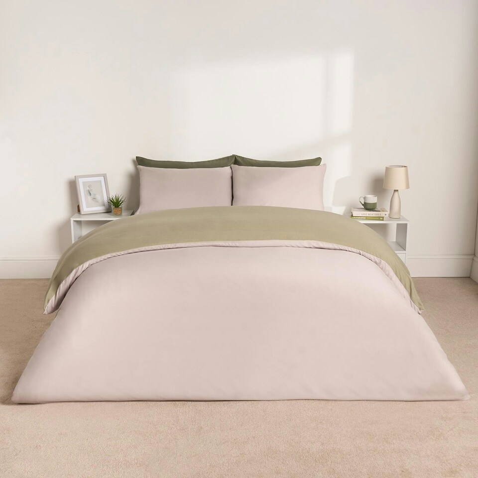 image 1 of OHS Reversible Microfibre Duvet Cover and Pillowcase Bedding Set, Double - Natural/Sage