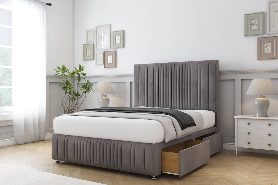 image 1 of Sloomy Kingsley Slate Naples Divan Bed Base 2 Drawers Foot-End With 26 Inch Strutted Headboard & 12 Inch Matching Footboard | Grey | Slate | Double | 1