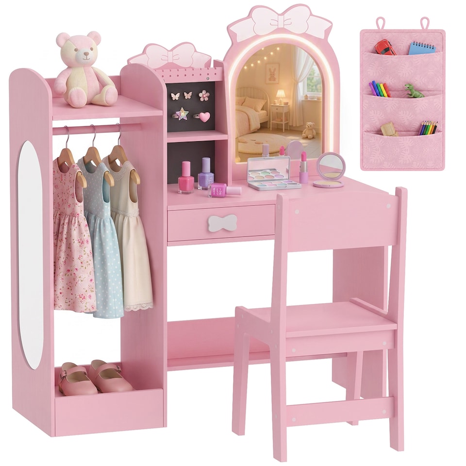 image 1 of AIYAPLAY Kids Dressing Table with Stool, 2-Colour Lights Mirror, Pink
