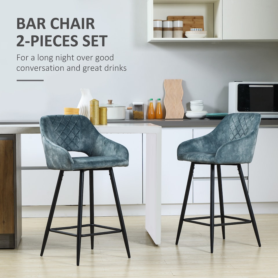 image 1 of HOMCOM Bar Stools Set of 2, Velvet-Touch Fabric Counter Height Bar Chairs, Kitchen Stools with Steel Legs for Dining Area, Kitchen Island Barstools, Blue