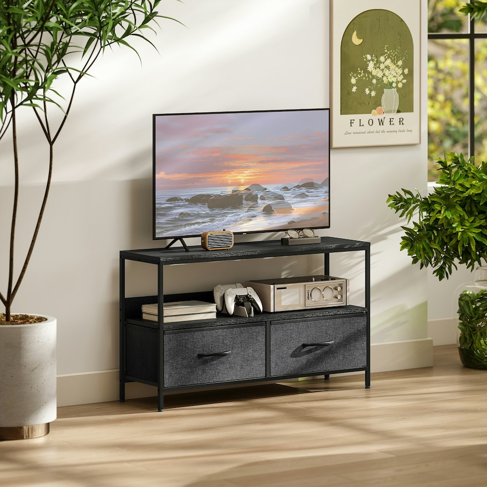 image 1 of HOMCOM TV Cabinet, TV Console Unit with 2 Foldable Linen Drawers Black