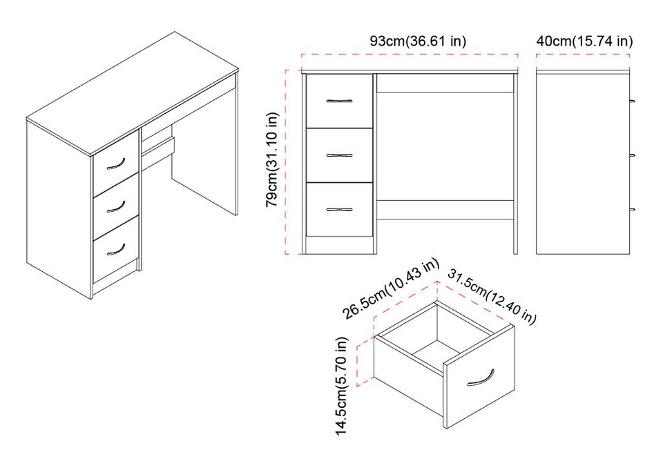 image 1 of 3-Drawer Wooden Desk and Dressing Table - Multi-Functional, 79.5x93x40 cm | Grey | Cool Grey & White | 22.5 x 43.5 x 98.5 | 1