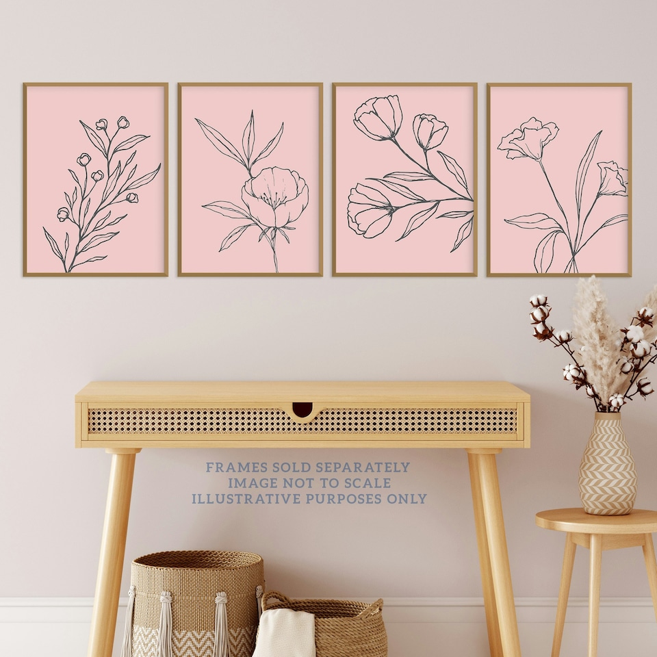 image 1 of Set of 4 Minimalist Wildflower Outline Black Pastel Pink Simple Floral Wall Art Prints 12x16 Inch