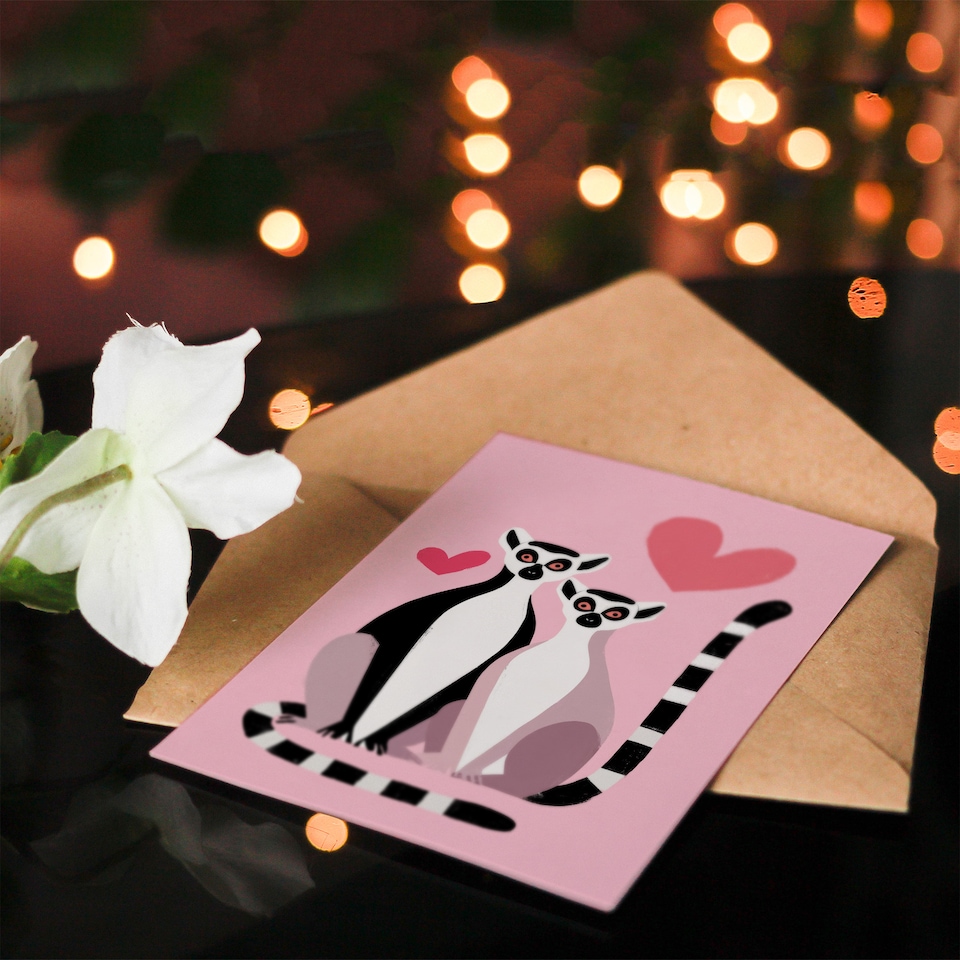 image 1 of Ring Tailed Lemurs in Love Cute Illustration Valentine's Day Card