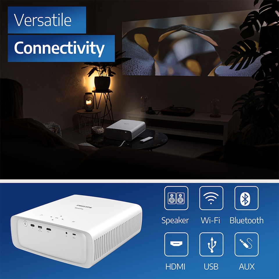 image 1 of Philips NeoPix 550 Smart Projector White- 100", 1080p, LED, Silent, Wi-Fi screen mirroring experience, Smart OS