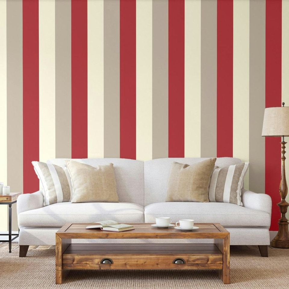 image 1 of Direct Wallpapers Stripe Textured Wallpaper - Red/Cream/Grey - One Size | Red