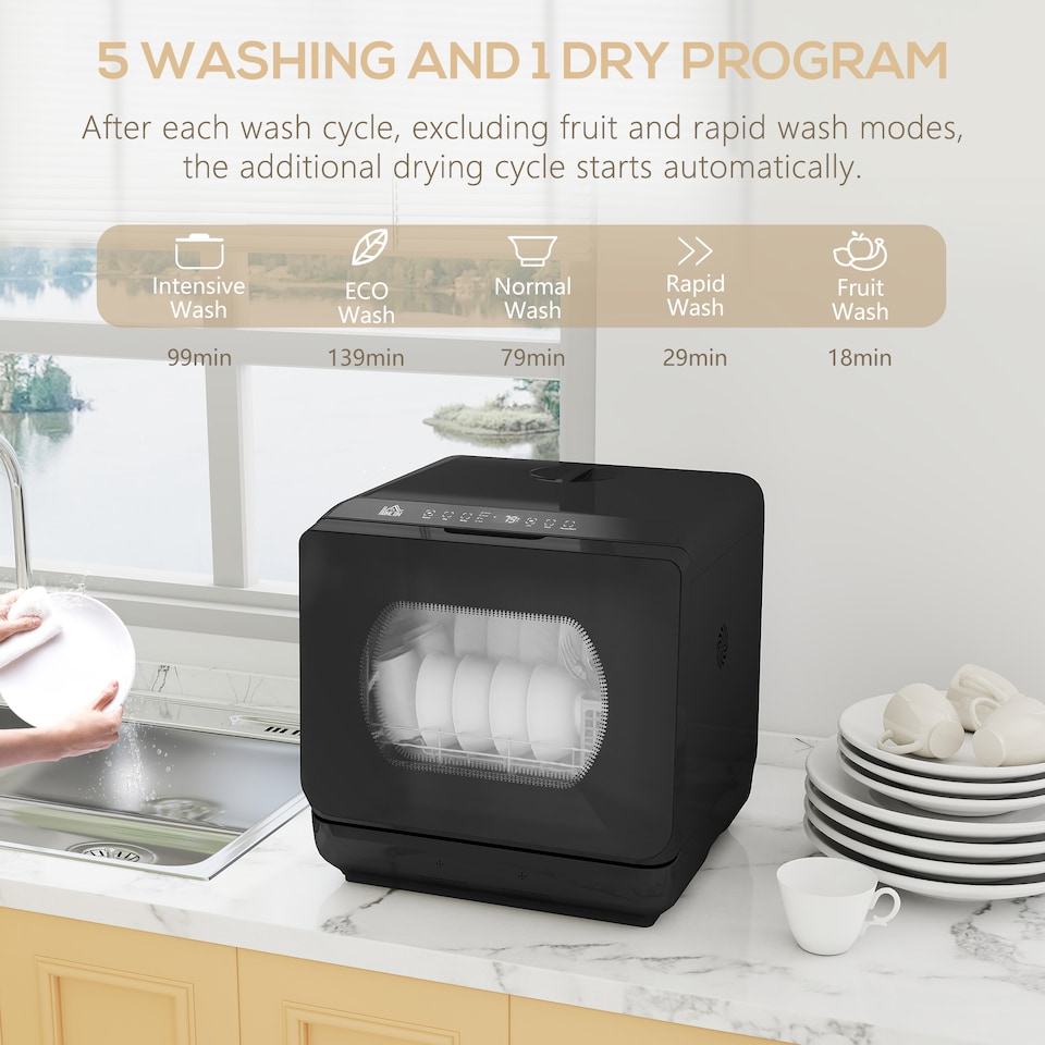 image 1 of HOMCOM Table Top Dishwasher, Mini Countertop Dishwasher No Plumbing with Built-in 6L Water Tank, 6 Programs, Touch Control, LED Display, 4 Place Settings, Dual Water Supply and Fruit Wash, Black
