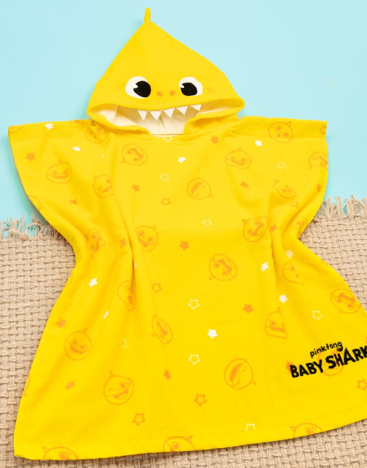 image 1 of Baby Shark Towel Poncho Kids | Girls Boys Yellow Animated Shark | Childrens Song Bath Swimwear Beach Towel With 3D Face Fins Teeth