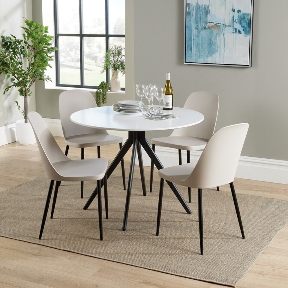 image 1 of Aspen Round Dining Table and 4 Duo Plastic Seat Chairs with Metal Legs - Calico/Black/White - Flat Packed White