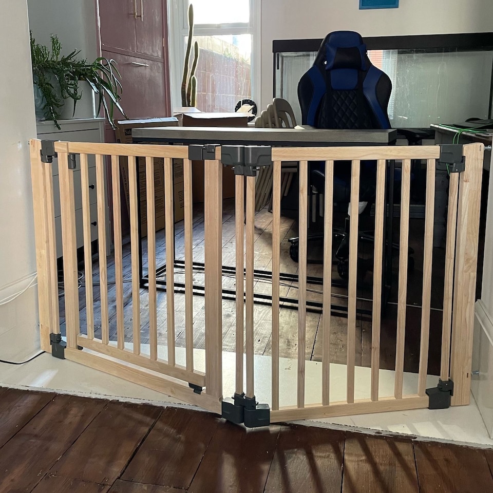 image 1 of Bettacare Wooden Multi Panel Flexible Pet Barrier, Natural Wood, up to 256cm Wide, Dog Barrier for Pets Dogs and Puppy Cream | Natural
