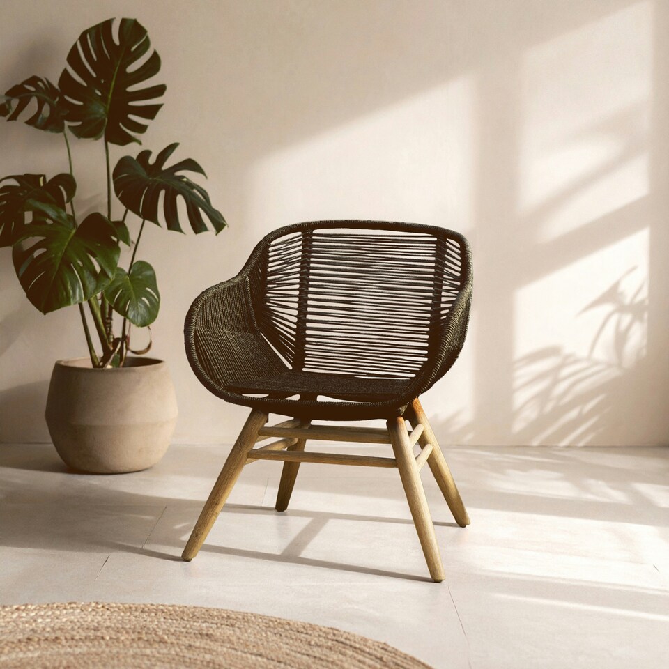 image 1 of Interiors by Premier Black Rope Armchair, Back and Armrest Garden Chair, Eco-friendly Rope Desk Chair, Lightweight Dining Chair Black