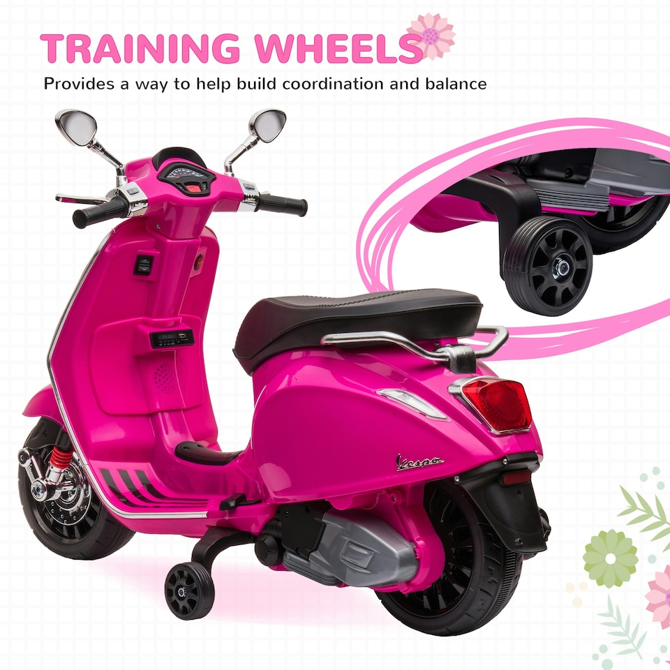image 1 of AIYAPLAY Vespa Licensed 12V Kids Electric Bike w/ 2 Training Wheels, Pink