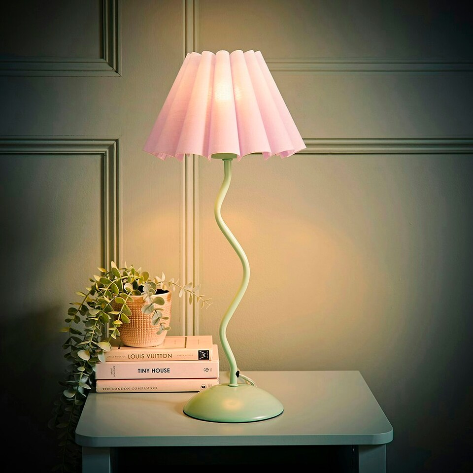 image 1 of ValueLights Wiggle Lilac Pleated Scallop Lamp Shade Moss Green Metal Table Lamp and LED Bulb | Green | Purple