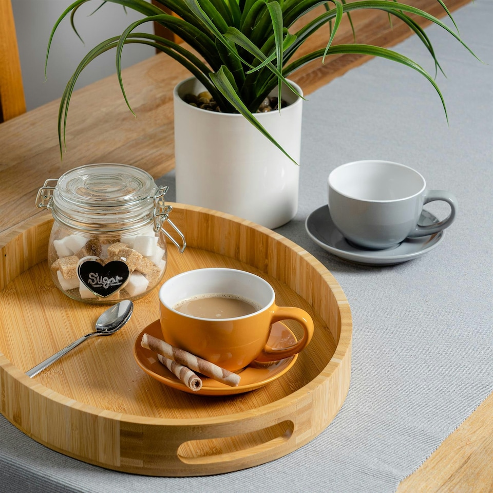 image 1 of Argon Tableware 12pc Coloured Cappuccino Cup & Saucer Set - 250ml - Grey/Yellow - Coffee Cup Latte Cup Drinking Cup
