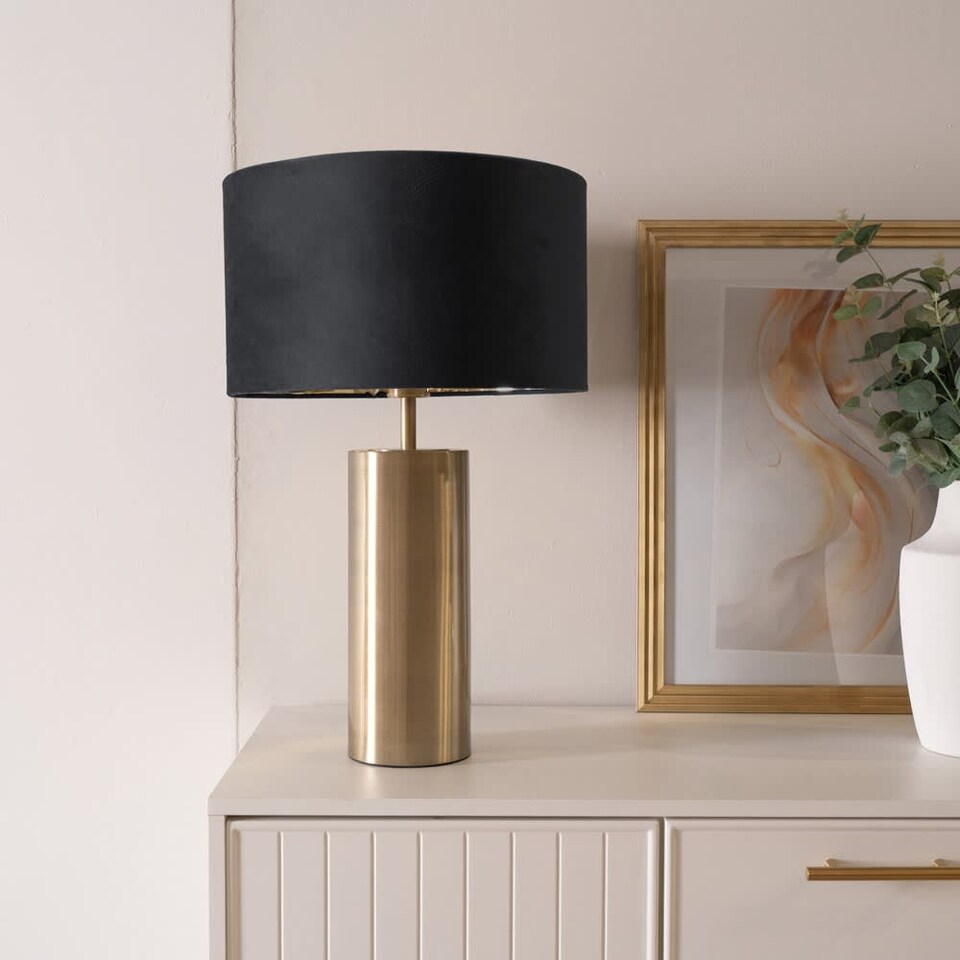 image 1 of ValueLights Lexy Antique Brass Dimmable Table Lamp Black Velvet Gold Shade and Bulb