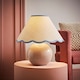 image 2 of ValueLights Bosco Natural Stone Globe Ceramic Table Lamp with Linen Blue Trim Scallop Lamp Shade