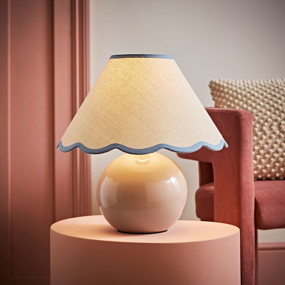 image 1 of ValueLights Bosco Natural Stone Globe Ceramic Table Lamp with Linen Blue Trim Scallop Lamp Shade