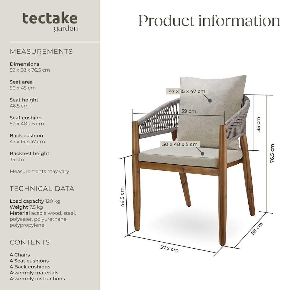 image 1 of Garden Chair Manacor in a Corded Design with Acacia Wood Frame and Matching Cushions | Grey | greige | One Size | 4