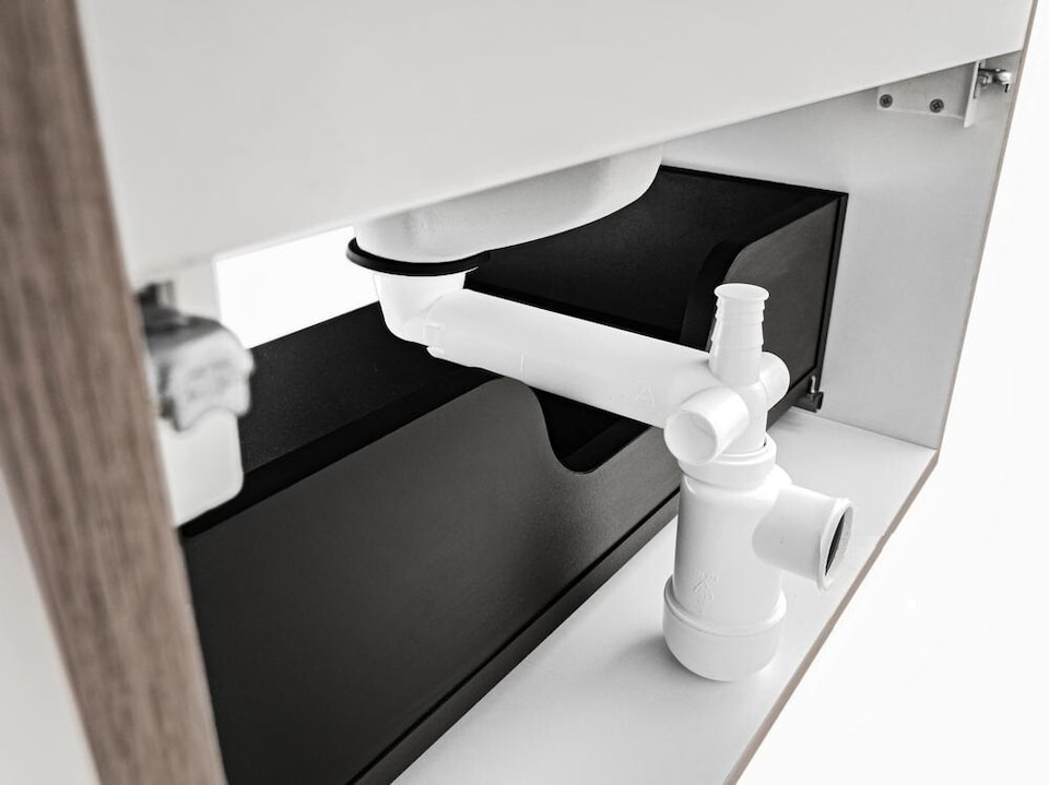 image 1 of Bathroom Sink Waste Kit Space Saving Telescopic with Pop Up Chrome Click Clack Preloc for Full Depth Drawer Vanities