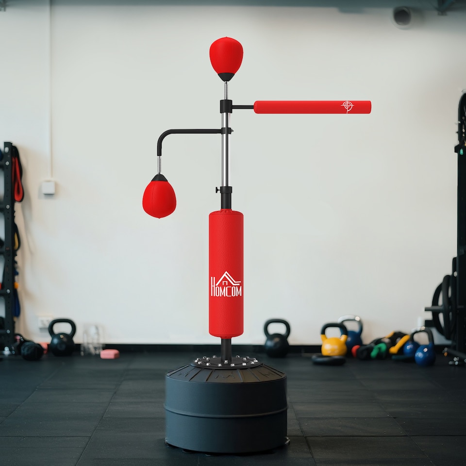 image 1 of HOMCOM Boxing Punching Bag Free Standing with 2 Speed Balls, Relax Bar, Boxing Bag and Fillable Base, 160-230cm Adjustable Height | Red | Red