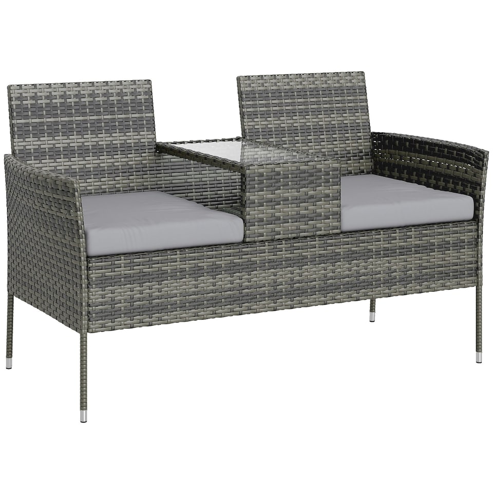 image 1 of Outsunny 2-Seat Rattan Bench w/Glass Table, Charcoal Grey Grey