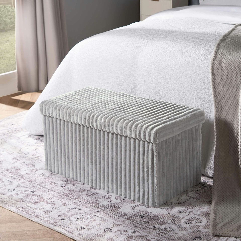 image 1 of OHS Soft Fleece Ribbed Long Rectangle Foldable Footstool Seat Storage Organiser Ottoman Grey