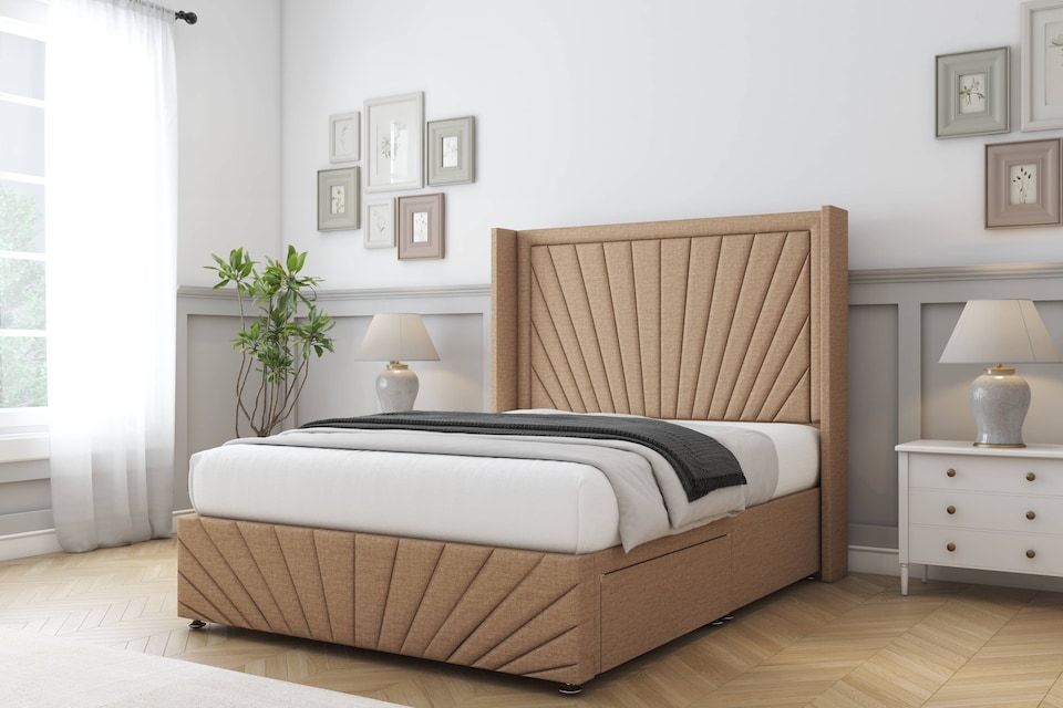 image 1 of Sloomy Rutherford Latte Dumfries Divan Bed With Mattress No Drawers With 54" Wingback Headboard & 12" Matching Footboard 6' Super King | Brown | Latte | Super King | 1