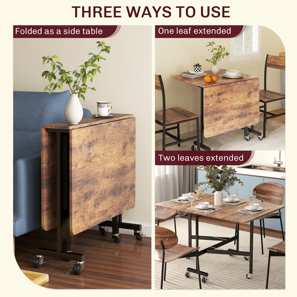 image 1 of HOMCOM Mobile Drop Leaf Table, Folding Dining Table with 6 Wheels & Brakes, Kitchen Table for Small Spaces, Rustic Brown | Brown