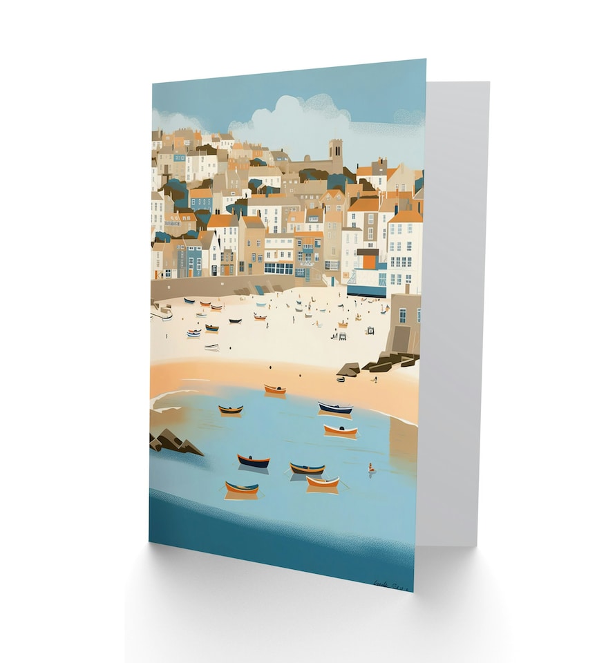 image 1 of Small Boats in St Ives Bay Holiday Coastal Cityscape Greeting Card