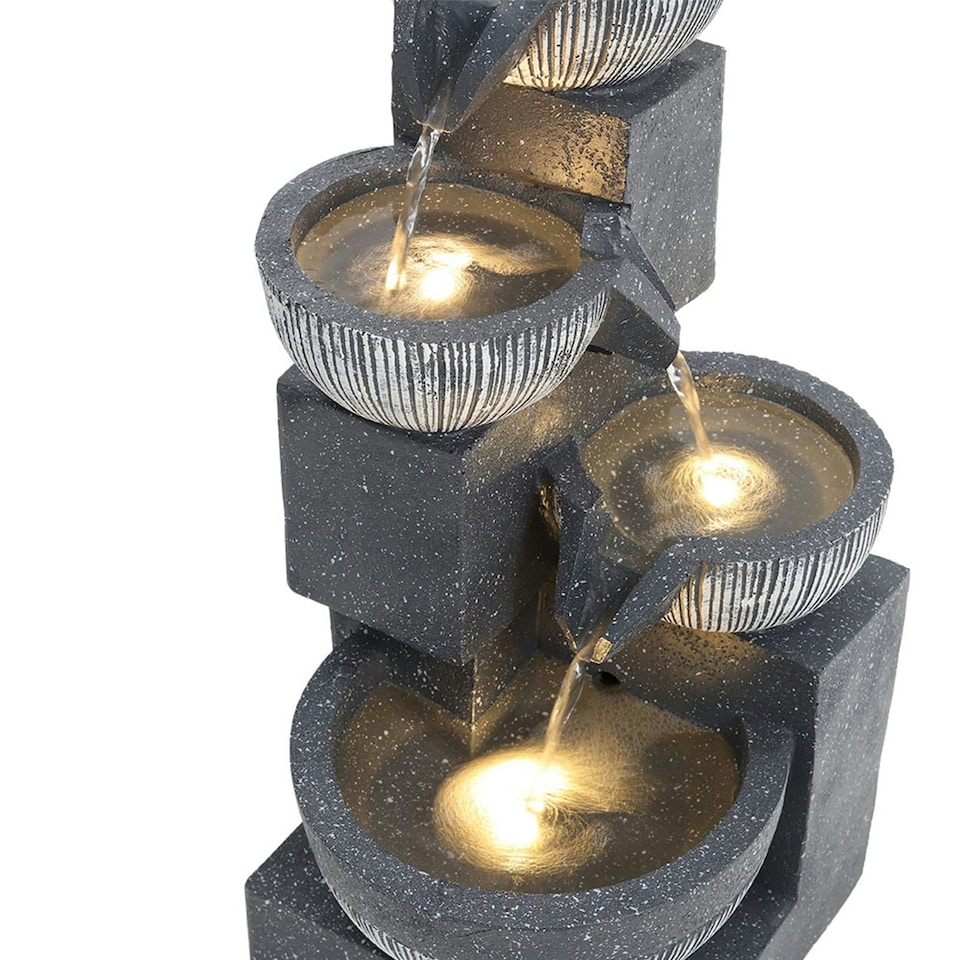 image 1 of Living and Home Solar Water Fountain Rockery 4-Tier Bowls with LED Light | Grey