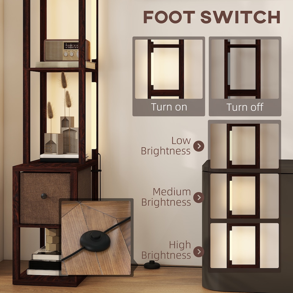 image 1 of HOMCOM Floor Lamp with Shelves, LED Column Modern Standing Lamp with Fabric Drawer, Adjustable Brightness, Foot Switch for Living Room, Bedroom, Office, Dark Brown | Brown