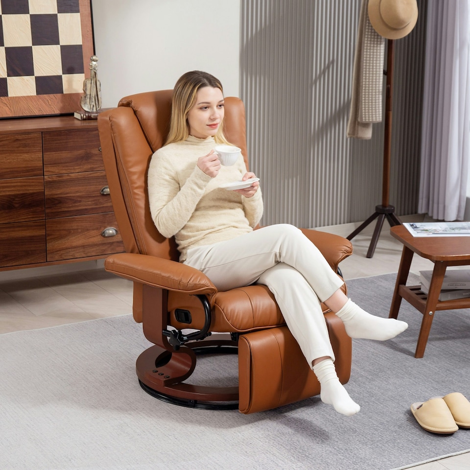 image 1 of HOMCOM PU Leather Reclining Armchair with Footrest for Living Room, Brown Brown