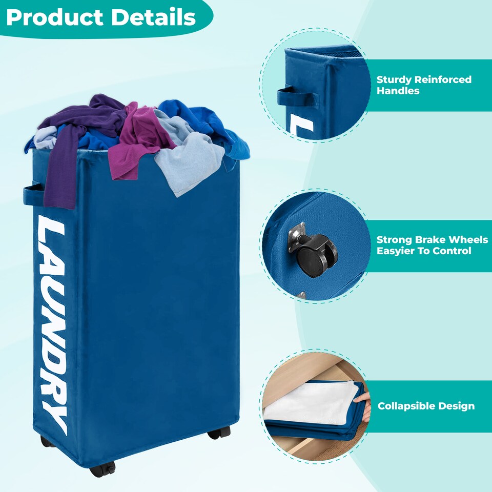 image 1 of 38L Slim Laundry Basket with Wheels, Rolling Laundry Hamper with Storage Bin