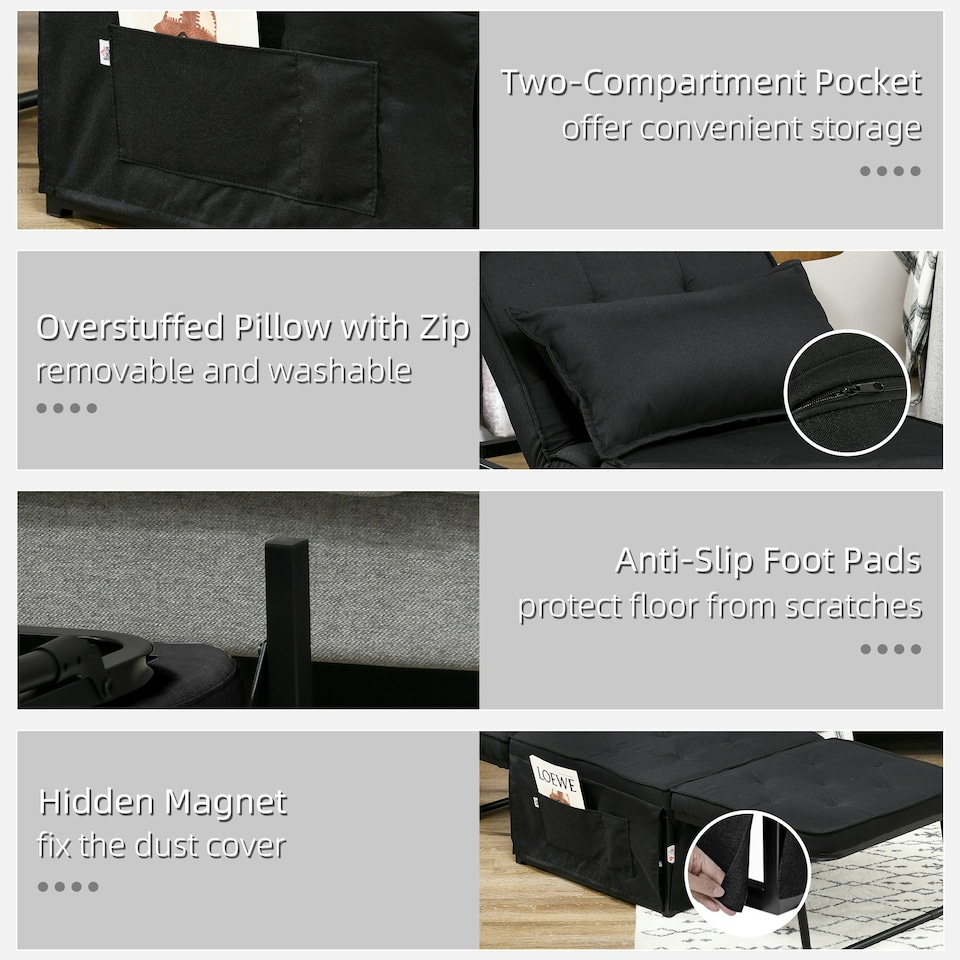 image 1 of HOMCOM Folding Sleeper Chair Bed with Pillow and Side Pockets, Black