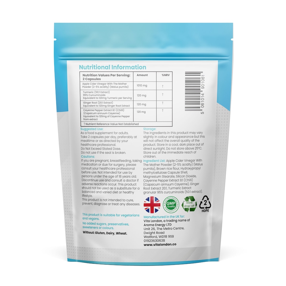 image 1 of Apple Cider Vinegar Complex Capsules - With 'The Mother' + Turmeric, Ginger & Capsicum - 1500mg - 60 Capsules