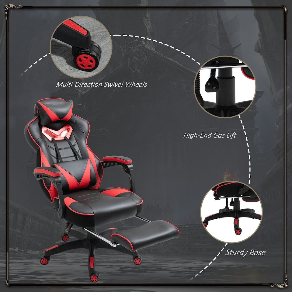 image 1 of Vinsetto Gaming Chair Ergonomic Reclining Manual Footrest Wheels Stylish Red