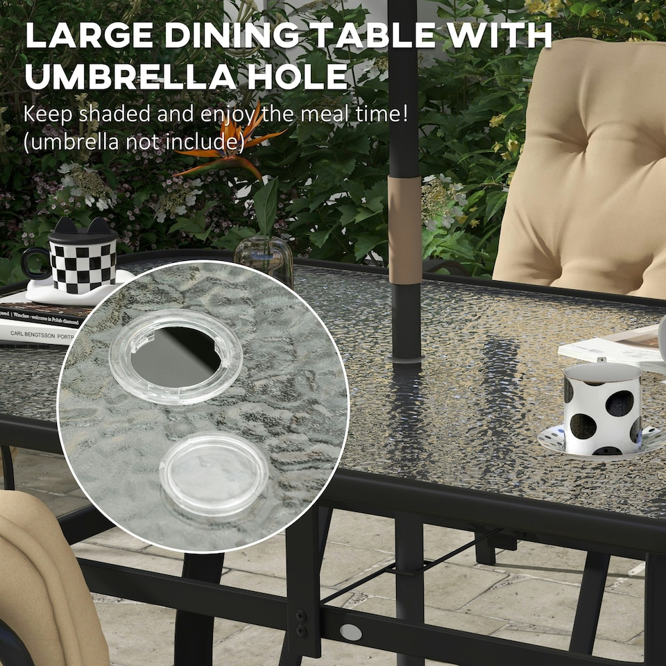 image 1 of Outsunny 7 PCs Garden Dining Set, Glass Table with Hole & Cushion