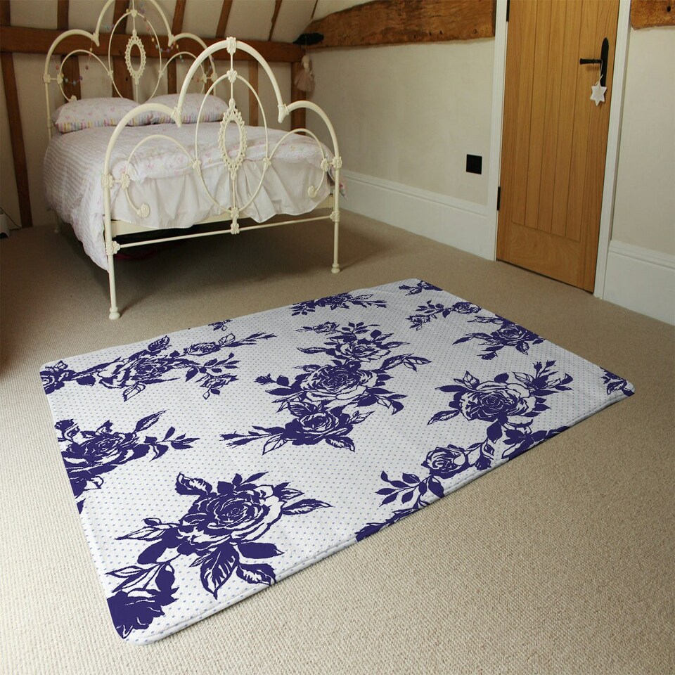 image 1 of Roses Print On Polka Dots (Rug) Blue | Medium: 80x150cm